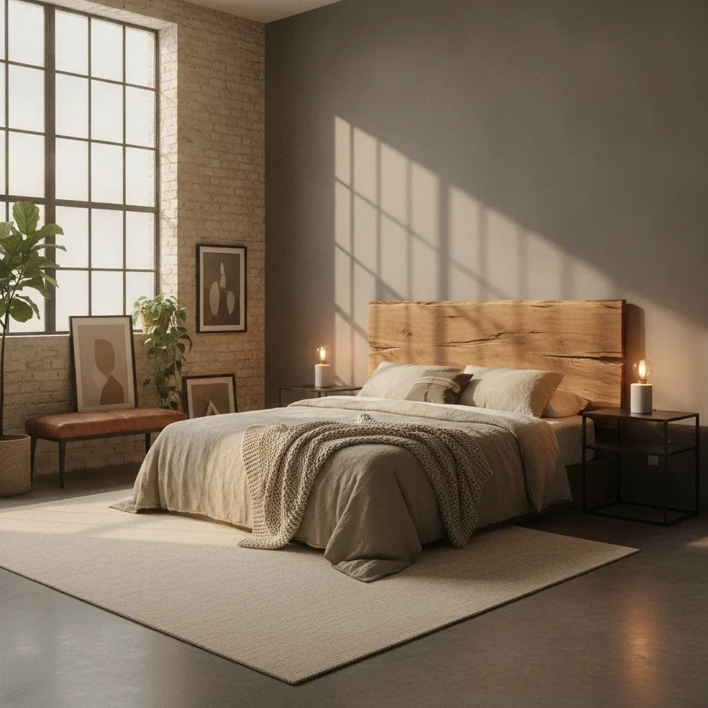 Chambre style industriel, bois et métal chaleureux
