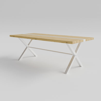Table pied acier en X plateau chêne