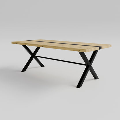 Table pied acier en X plateau chêne