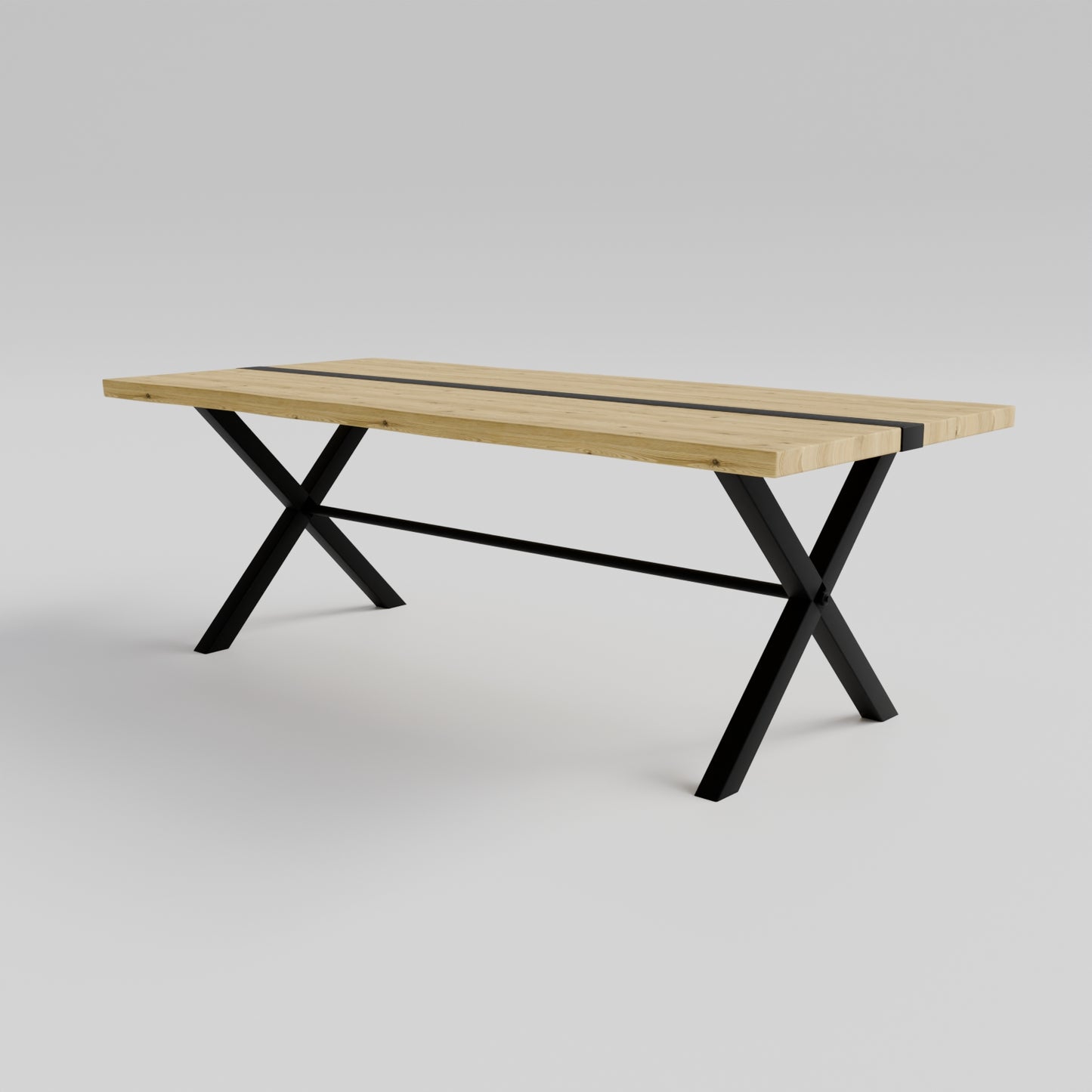 Table pied acier en X plateau chêne