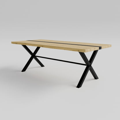 Table pied acier en X plateau chêne