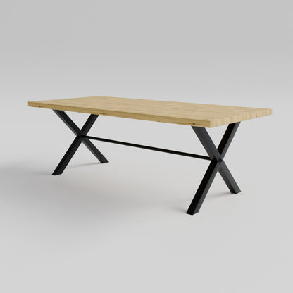 Table pied acier en X plateau chêne