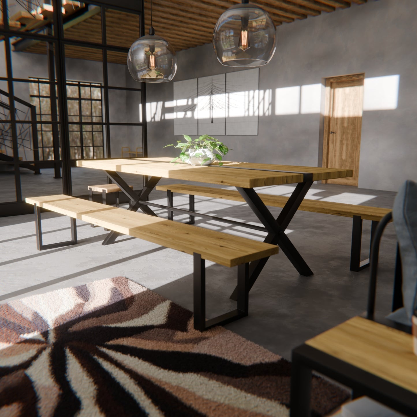 Table pied acier en X plateau chêne