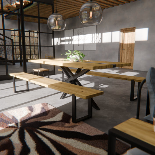 Table pied acier Mikado plateau chêne