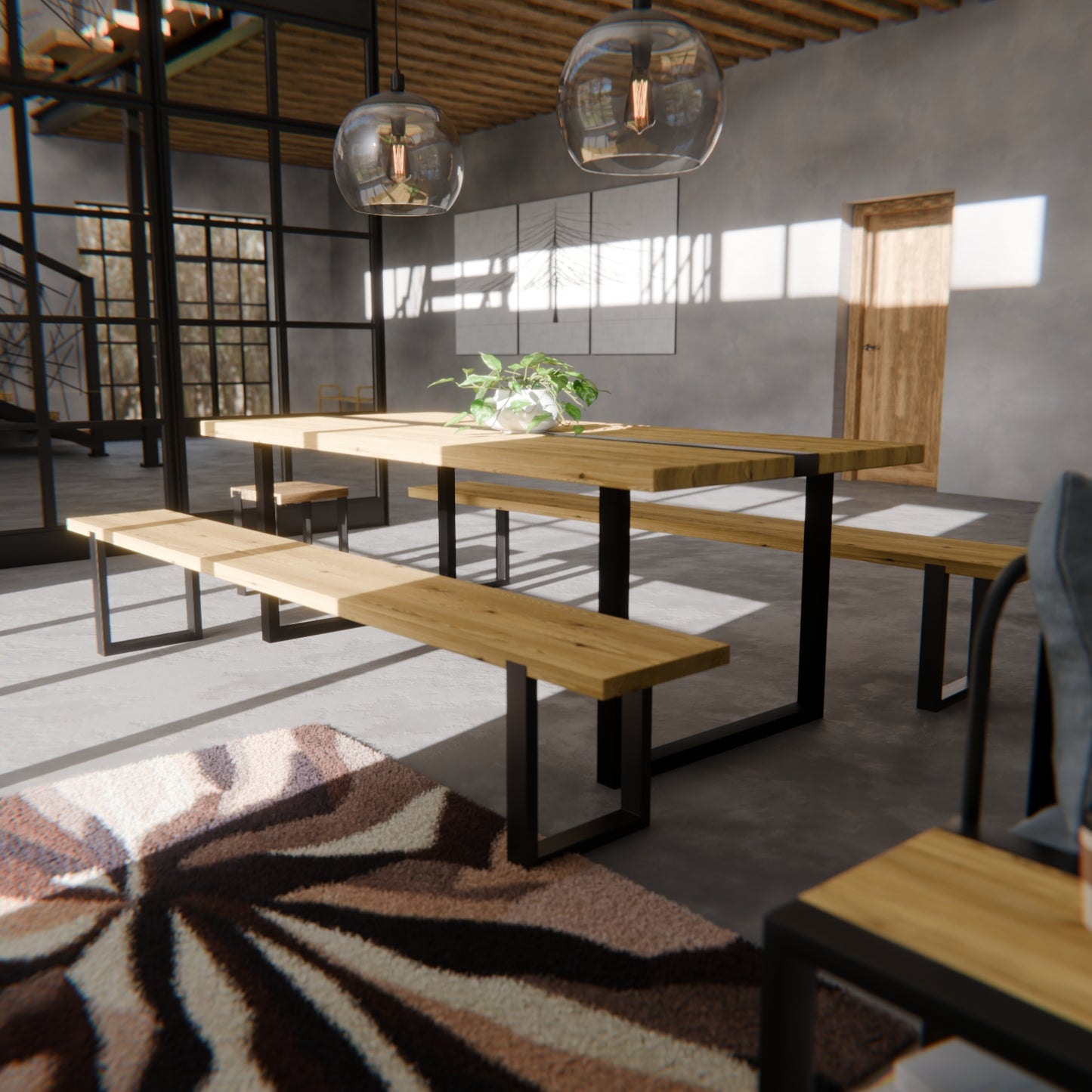 Table pied acier Carré plateau chêne