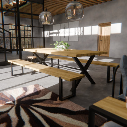 Table pied acier en X plateau chêne