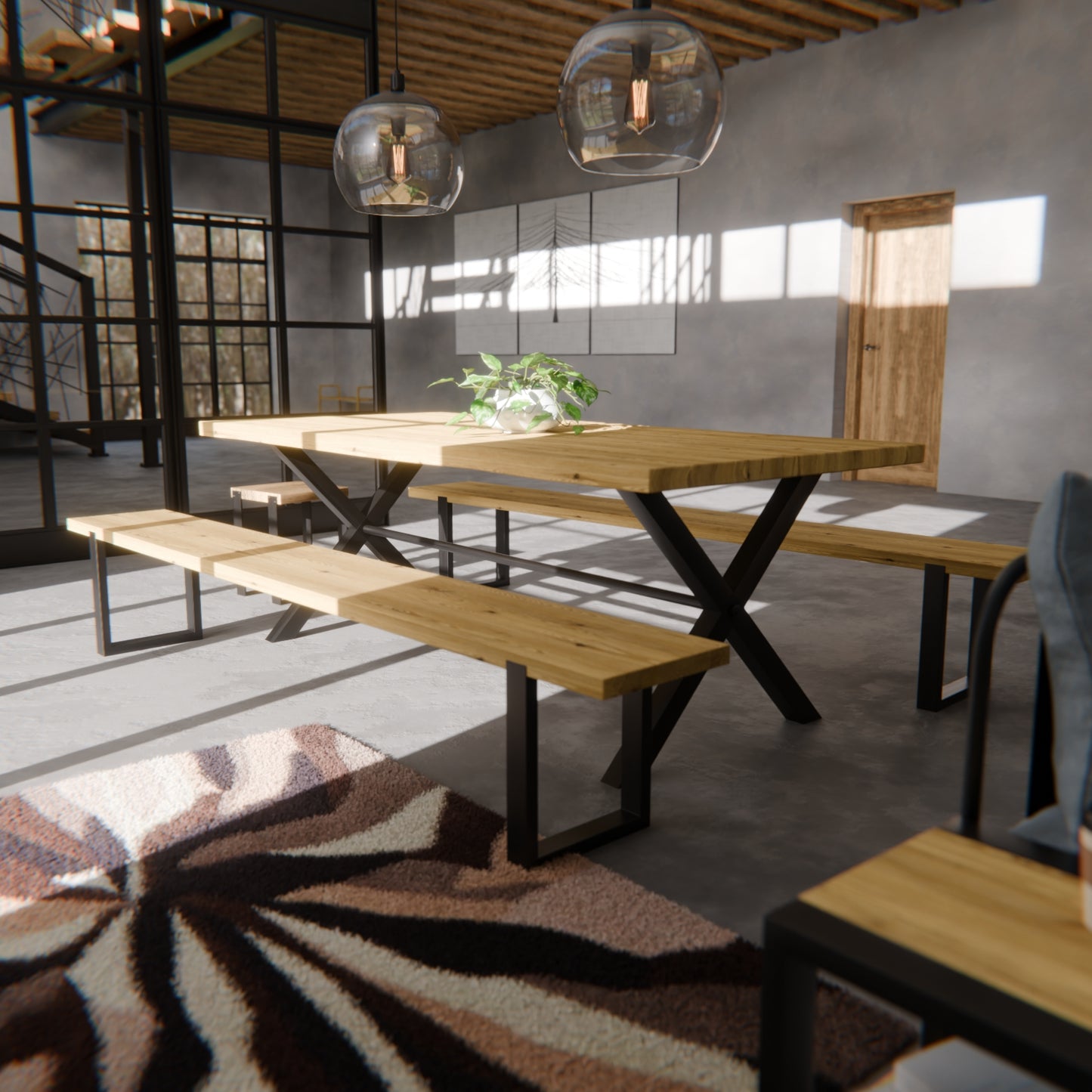 Table pied acier en X plateau chêne