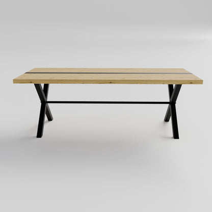 Table pied acier en X plateau chêne