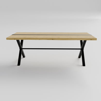 Table pied acier en X plateau chêne