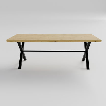 Table pied acier en X plateau chêne