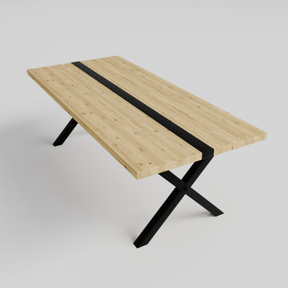Table pied acier en X plateau chêne